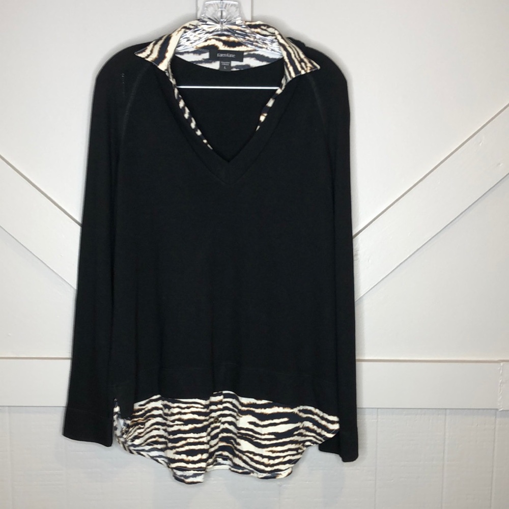 Karen Kane Pullover Sweater Zebra Print Layered Button Down Tunic Blouse Size L